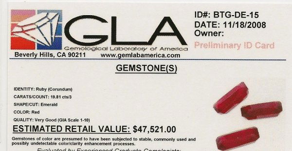 Lot of (3) Loose Emerald Cut Ruby Gemstones: You are bidding on a Lot of (3) Loose Emerald Cut Ruby Gemstones (GLA40) - This item's value has been appraised by Gemological Laboratory of American (GLA) for $47,521.00. The condition is NEW. The g