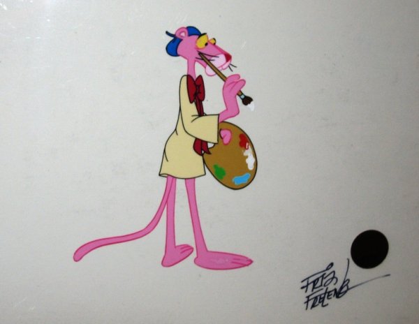 Pink Panther Cel "Canvas Paint " Signed by Freleng: You are bidding on an AUTHENTIC FRIZ FRELENG "PINK PANTHER" HAND DRAWN AND COLORED ANAMATION CEL This drawing "Canvas Paint" is a beautiful animated cartoon cel. Check out the great scans! Please emai
