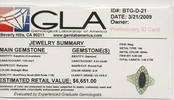 Sapphire & Diamond Marquise Cut Ring: You are bidding on a Sapphire & Diamond Marquise Cut Ring (GLA1) - This item's value has been appraised by Gemological Laboratory of American (GLA) for $6,651.00. The condition is NEW. The gemstones