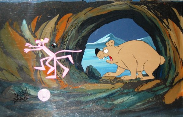 Pink Panther Cel "Bear Cave" Signed by Freleng: You are bidding on an AUTHENTIC FRIZ FRELENG "PINK PANTHER" HAND DRAWN AND COLORED ANAMATION CEL This drawing "Bear Cave" is a beautiful animated cartoon cel. Check out the great scans! Please email u