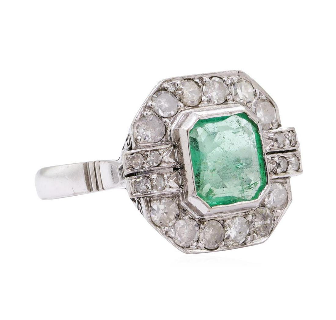 7.80 ctw Emerald And Diamond Ring And Earrings - 14KT: One Pair set electronically tested 14KT white gold lady's combination cast & assembled vintage fashion ring and earrings with Omega clip backs with posts with a bright polish finish. The featured lady