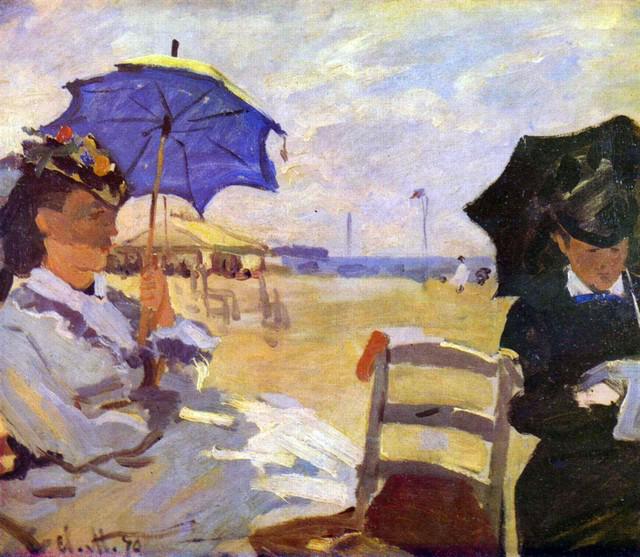 Claude Monet - On the Beach at Trouville: Artist: Claude Monet - Title: On the Beach at Trouville - Medium: Fine Art Reproduction Giclee on Canvas - Image Size: Approximately 27.75 inches x 32 inches - Framed: Unframed on Unstretched Canvas -