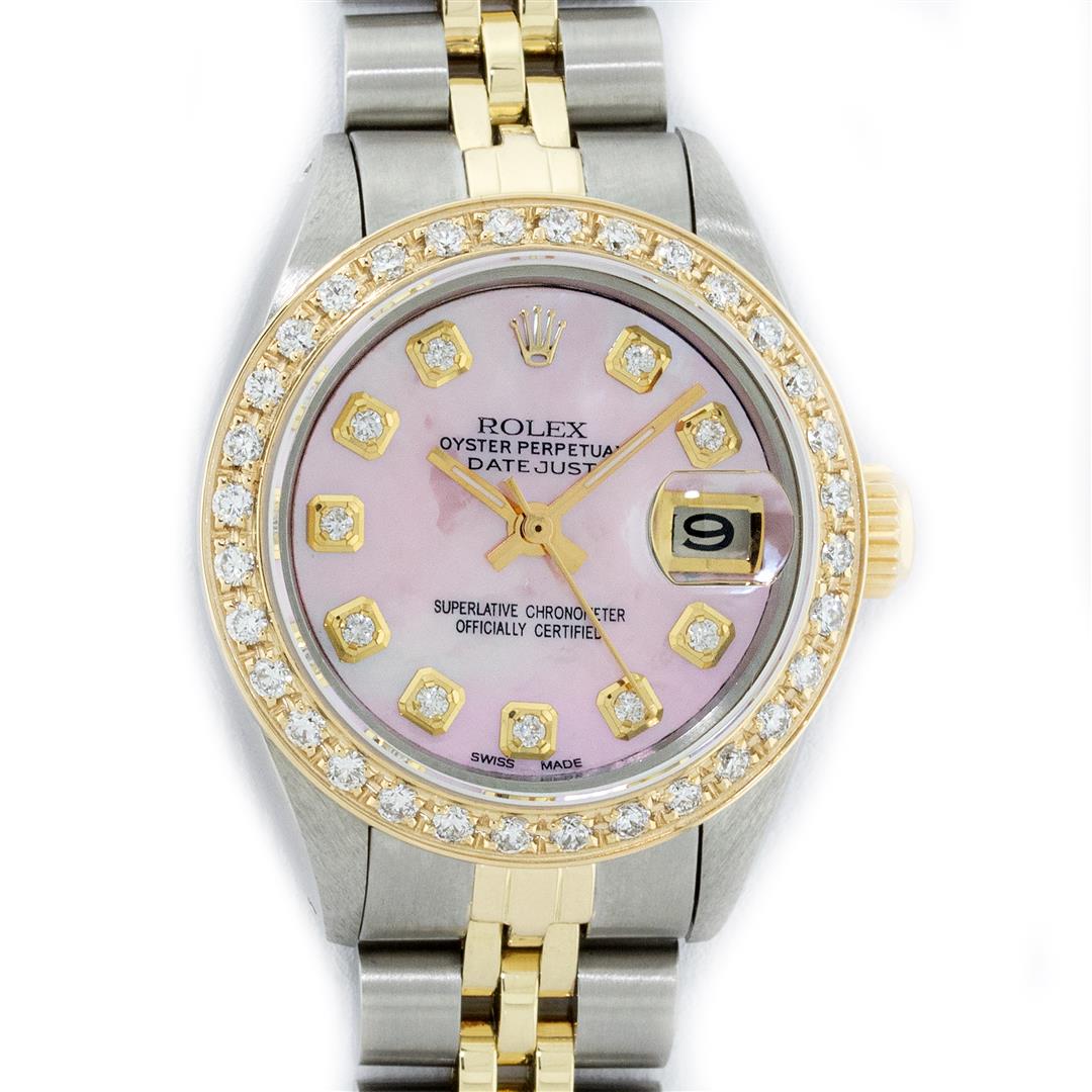 Rolex Ladies 2 Tone Pink MOP Diamond Datejust: One Ladies Two Tone Rolex Datejust Polished, Serviced & Electronically Tested, Yellow Gold & Stainless Steel Case: 26mm, Yellow Gold Crown, Custom Bezel: New 18K Yellow Gold Beadset Diamond Bezel, Dia