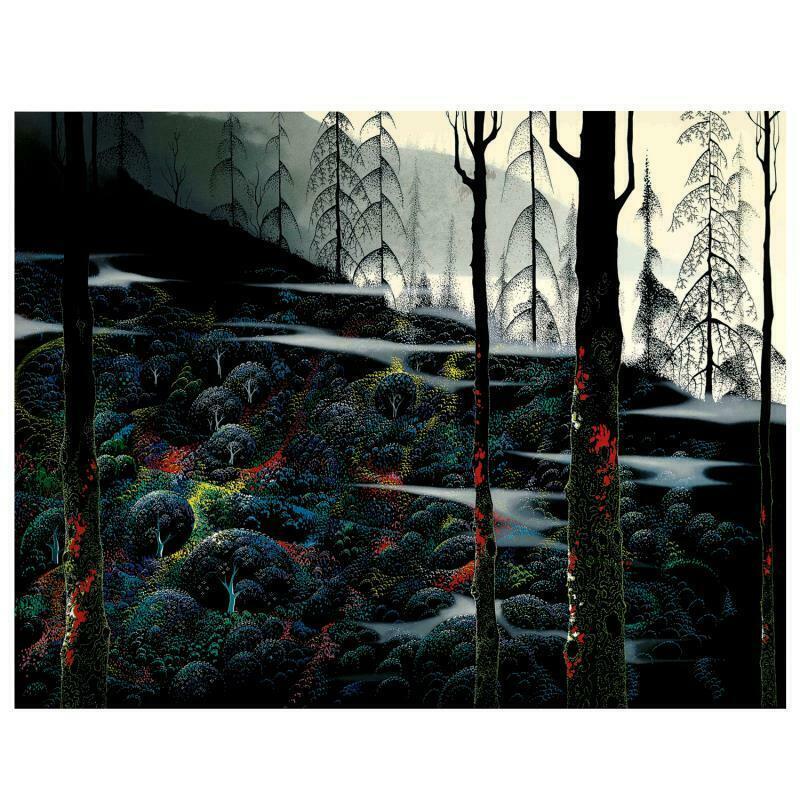 Dawns First Light by Eyvind Earle (1916-2000): "Dawns First Light" is a limited edition serigraph on paper by Eyvind Earle (1916-2000). The piece is numbered, hand-signed by the artist, and accompanied by a certificate of authenticity. Measures ap
