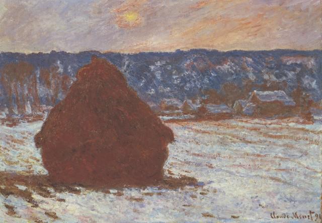 Claude Monet - Haystacks, Snow, Covered the Sky: Artist: Claude Monet - Title: Haystacks, Snow, Covered the Sky - Medium: Fine Art Reproduction Giclee on Canvas - Image Size: Approximately 22.25 inches x 32 inches - Unframed on Unstretched Canvas -