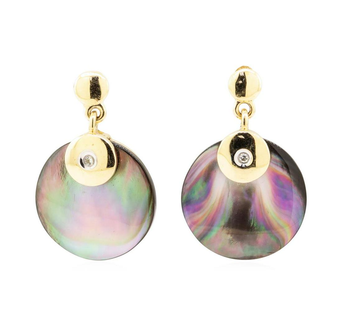 0.03 ctw Black Mother of Pearl and Diamond Circle: One pair of dangle circle earrings with a drop of 26 millimeters featuring: 14KT yellow gold weighing 5.9 grams containing two circular pieces of black mother of pearl and diamonds weighing 0.03ctw.