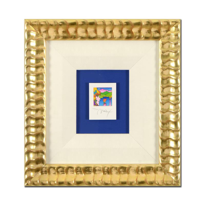 Peter Max, "Geometric Profile and Sailboats Ver II": "Geometric Profile and Sailboats Ver II" is a limited edition lithograph on paper by Peter Max, numbered 479/500 and hand signed by the artist. This piece comes framed and includes Certificate of Auth