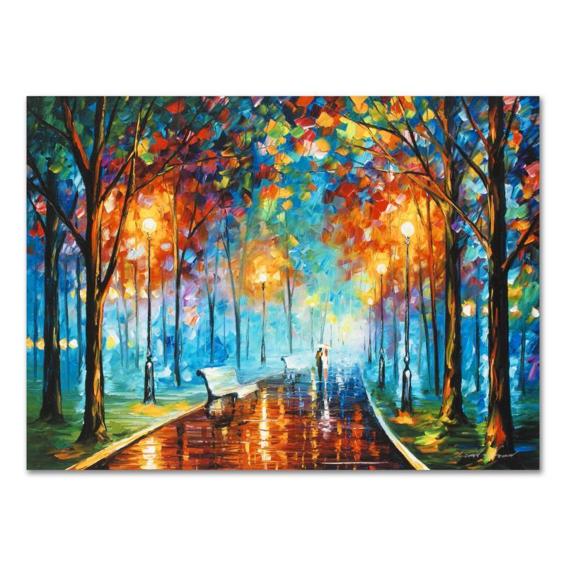 Misty Mood by Afremov (1955-2019): Leonid Afremov's (1955-2019) masterful use of color and texture make his paintings unique collectibles that are sure to brighten any wall. "Misty Mood" is a limited edition giclee on canvas. The piece