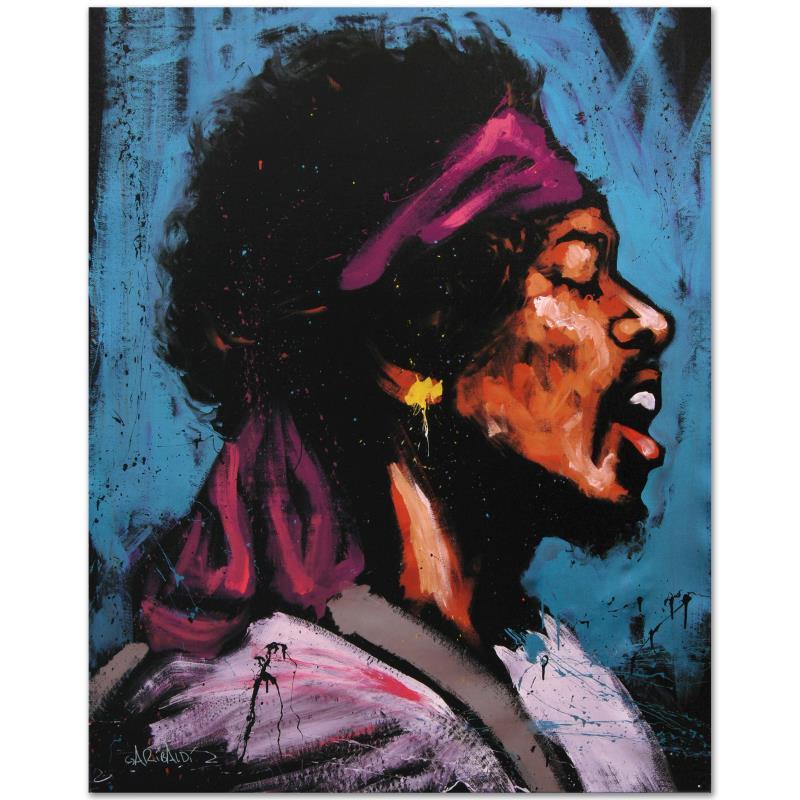 Jimi Hendrix (Bandana) by Garibaldi, David: Combining his passions for music and art, David Garibaldi creates stunning visual poetry. "Jimi Hendrix (Bandana)" is a limited edition giclee on stretched canvas, numbered and bearing the artist's au