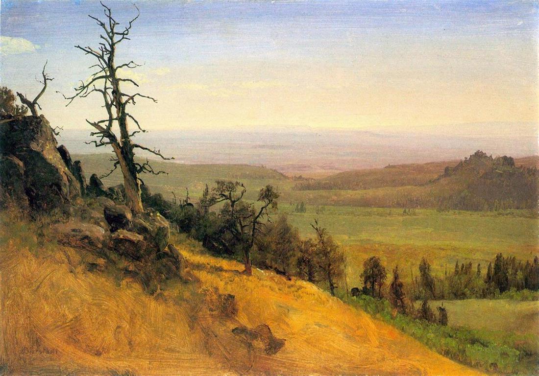 Wasatch Mountains Nebraska by Albert Bierstadt: Artist: Albert Bierstadt - Title: Wasatch Mountains Nebraska - Medium: Fine Art Giclee on Canvas - Image Size: Approximately 14 inches x 20 inches - Unframed on Unstretched Canvas - Biography: Biersta