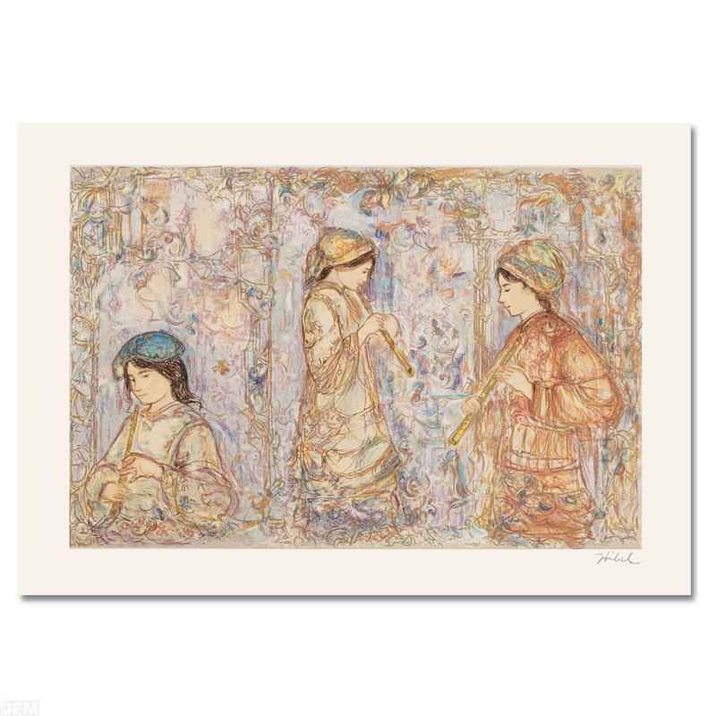 Music in the Garden by Hibel (1917-2014): "Music in the Garden" is a limited edition serigraph on paper, numbered and hand signed by Edna Hibel (1917-2014). Includes Certificate of Authenticity! Measures approx. 21" x 15" (with border), 18" x