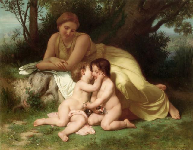 William Bouguereau - Young Woman Contemplating Two: Artist: William Bouguereau Title: Young Woman Contemplating Two Embracing Children Medium: Fine Art Reproduction Giclee on Canvas Image Size: Approximately 25 inches x 32 inches Unframed on Unstretche
