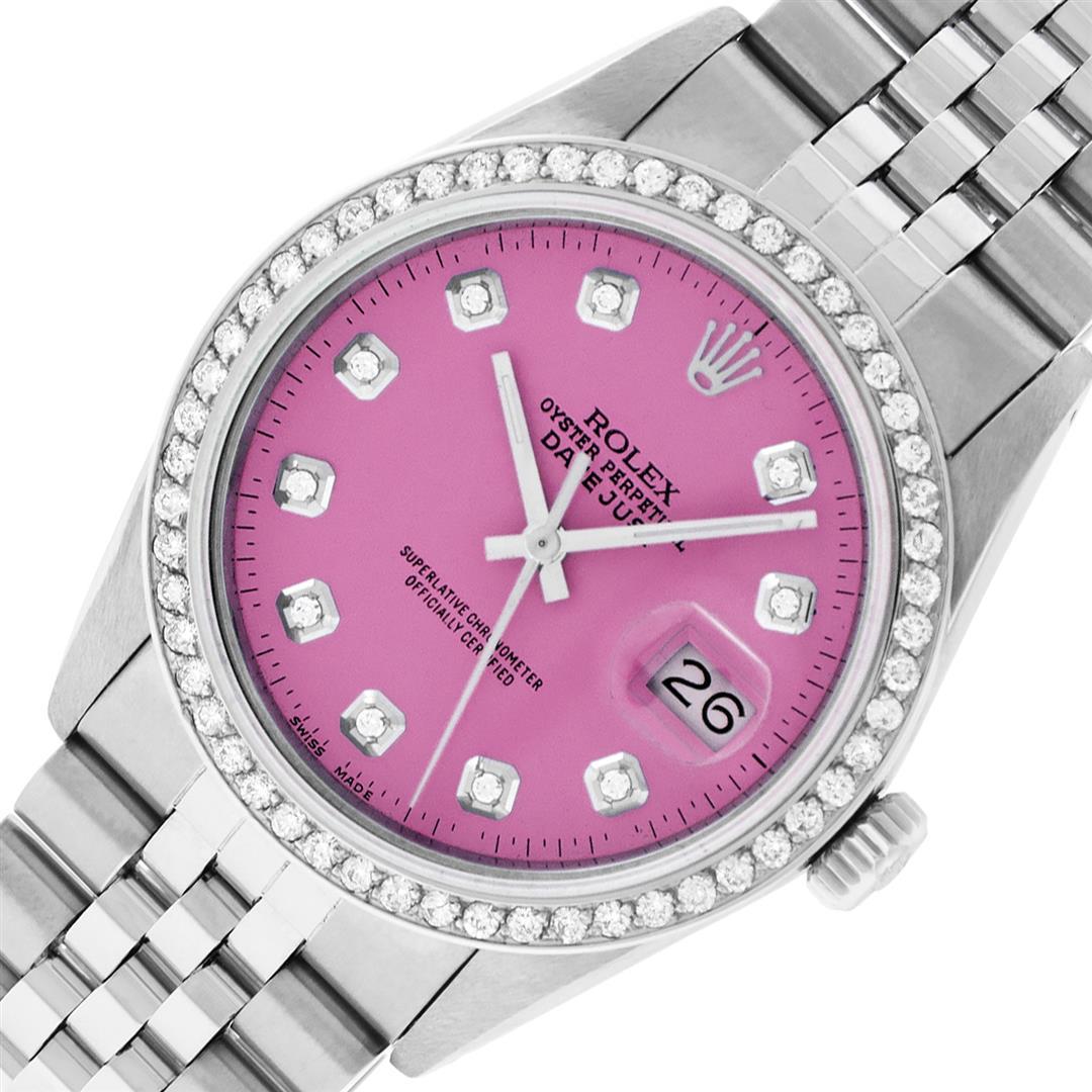 Rolex Stainless Steel Pink Diamond 36MM Oyster: One Mens Rolex Stainless Steel Datejust Polished Bright with Satin Finish, This Watch Has Been Serviced & Electronically Tested, Stainless Steel Case: 36mm, Stainless Steel Crown, Custom Bezel: New St