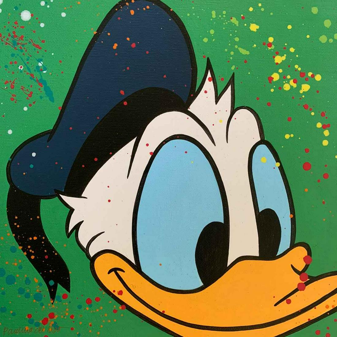 Paulina Del Mar "Donald Duck in Green": Paulina Del Mar "Donald Duck in Green" Original One of Kind Mixed Media Acrylic on Stretched Canvas, Hand Signed Dimensions: 12 x 12 inches