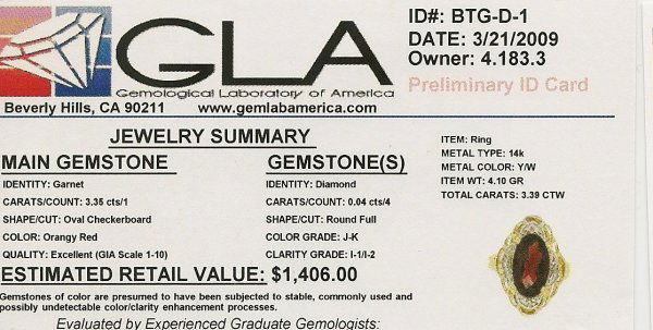 Garnet & Diamond Ring Checkerboard Cut: You are bidding on a Garnet & Diamond Ring Checkerboard Cut (GLA14) - This item's value has been appraised by Gemological Laboratory of American (GLA) for $1,406.00. The condition i