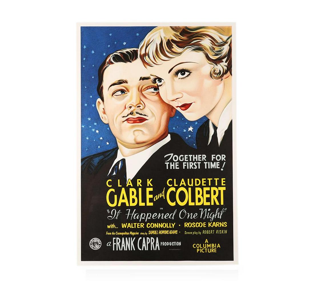 It Happened One Night Recreation 1 Sheet Movie Poster: Lithograph hand pulled on Rives 100% cotton paper. The vintage one-sheet was originally created in 1934 for It Happened One Night, starring Clark Gable and Claudette Colbert. The artist is unknown. Th