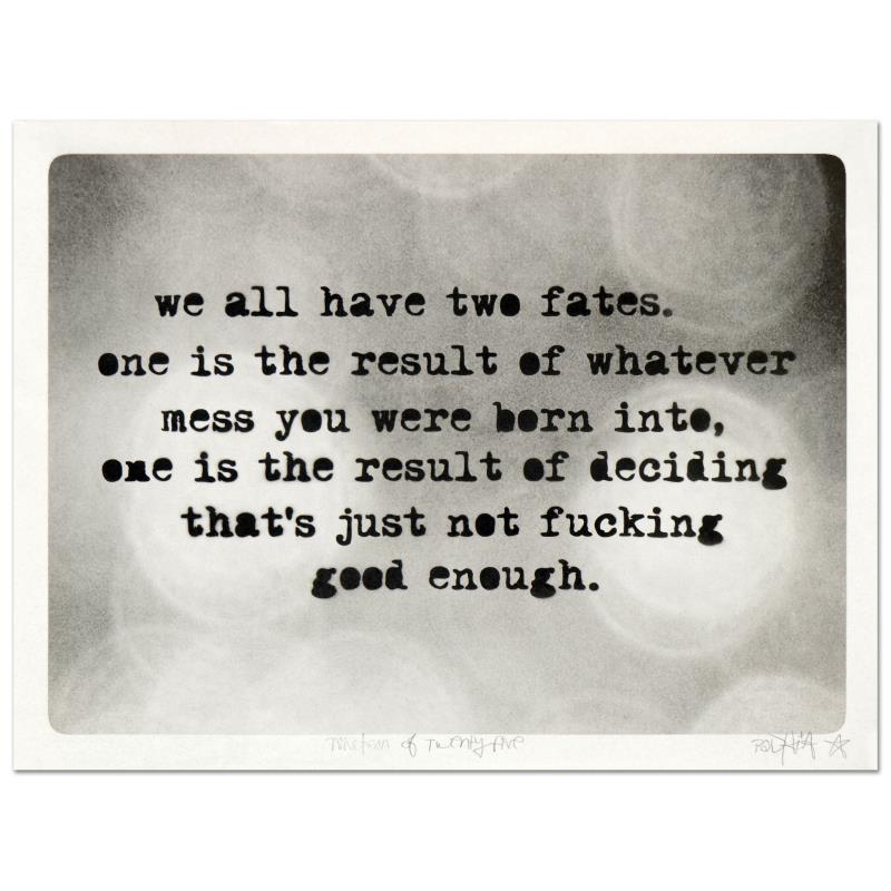 Two Fates by Avocado, Padhia: "Two Fates" is a limited edition spray paint stencil on paper, numbered hand signed by the artist. Includes Letter of Authenticity. Measures approx. Measures approx. 24" x 18" (with border); 22" x 16"