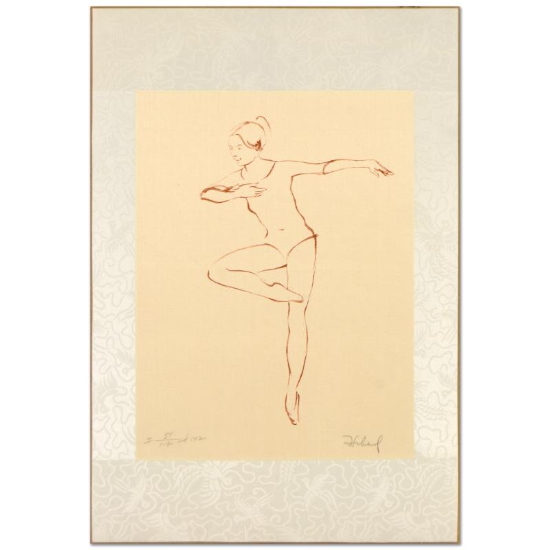 Pirouette by Hibel (1917-2014): "Pirouette" is a limited edition lithograph on paper by Edna Hibel (1917-2014), numbered and hand signed by the artist. Includes Certificate of Authenticity. Measures approx. 12" x 17.5" (border), 9" 