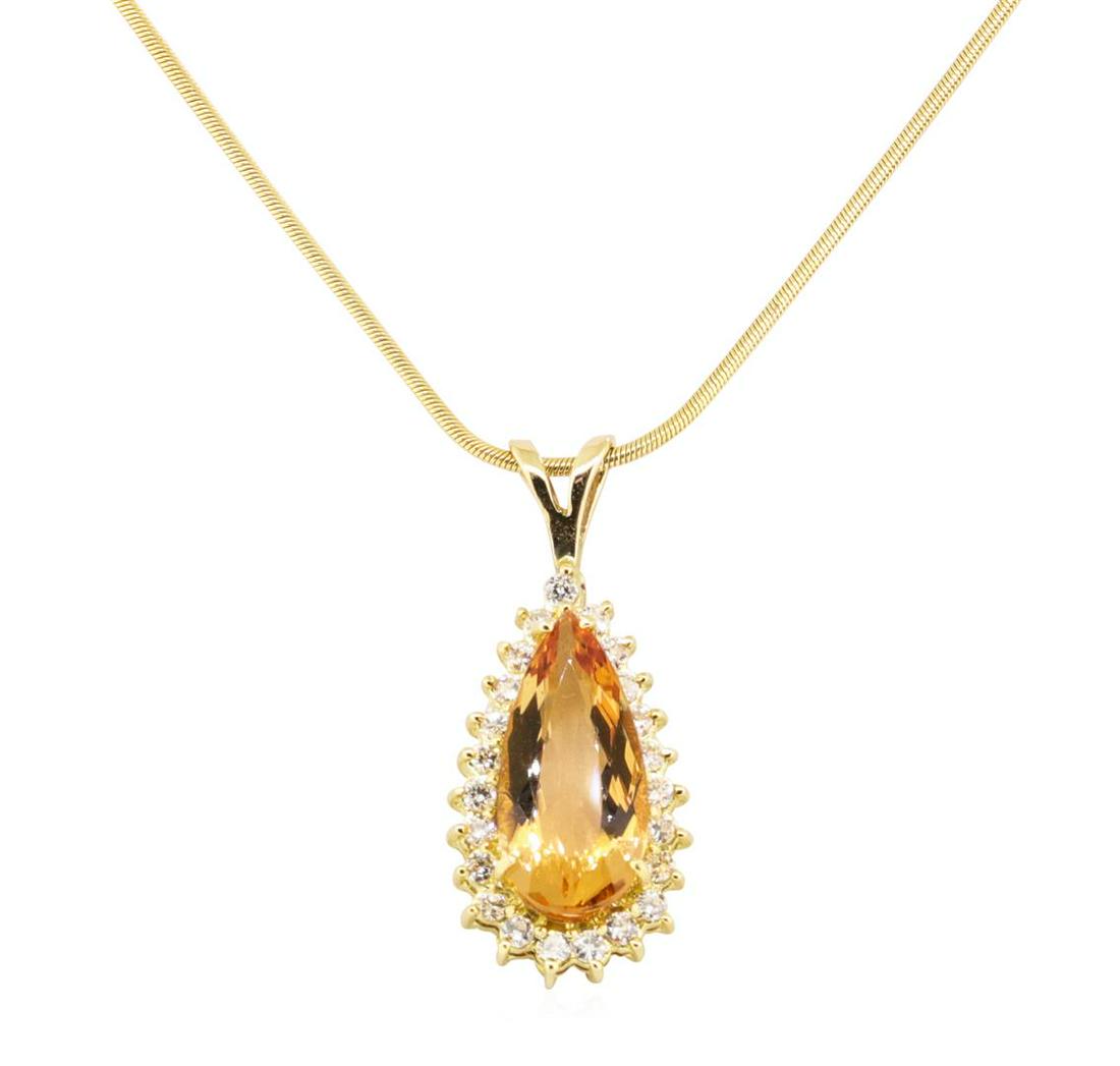 6.00 ctw Imperial Topaz And Diamond Pendant & Chain -: One electronically tested 18KT yellow gold lady's combination cast & assembled fashion pendant & chain 18.0' long, 1mm round snake chain with a lobster claw clasp with a bright polish finish. Identifi
