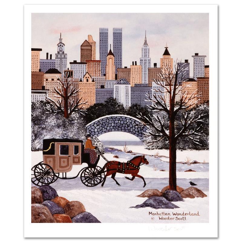 Jane Wooster Scott, "Manhattan Wonderland" Hand Signed: Cozy, down-home images of a bygone era when life was simpler - this is the feeling captured in the creations of one of the world's most recognized artists. "Manhattan Wonderland" is a limited edition 