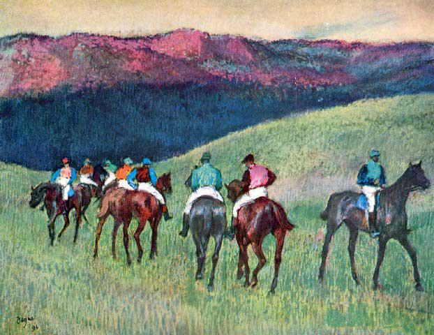Edgar Degas - Horse Racing -The Training: Artist: Degas - Title: Horse Racing -The Training - Medium: Fine Art Reproduction Giclee on Archival Canvas - Image Size: Approximately 24.75 inches x 32 inches - Framed: Unframed on Unstretched Canva