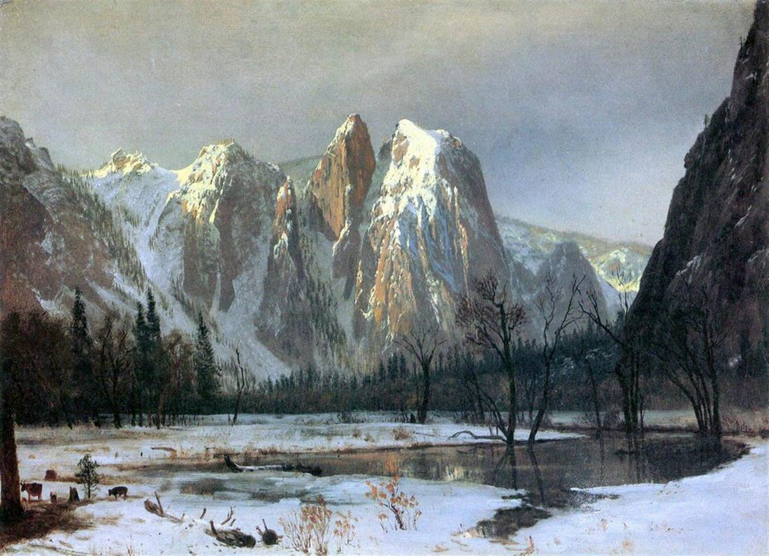 Cathedral Rocks, Yosemite by Albert Bierstadt: Artist: Albert Bierstadt - Title: Cathedral Rocks, Yosemite - Medium: Fine Art Giclee on Canvas - Image Size: Approximately 14.5 inches x 20 inches - Unframed on Unstretched Canvas - Biography: Bierst