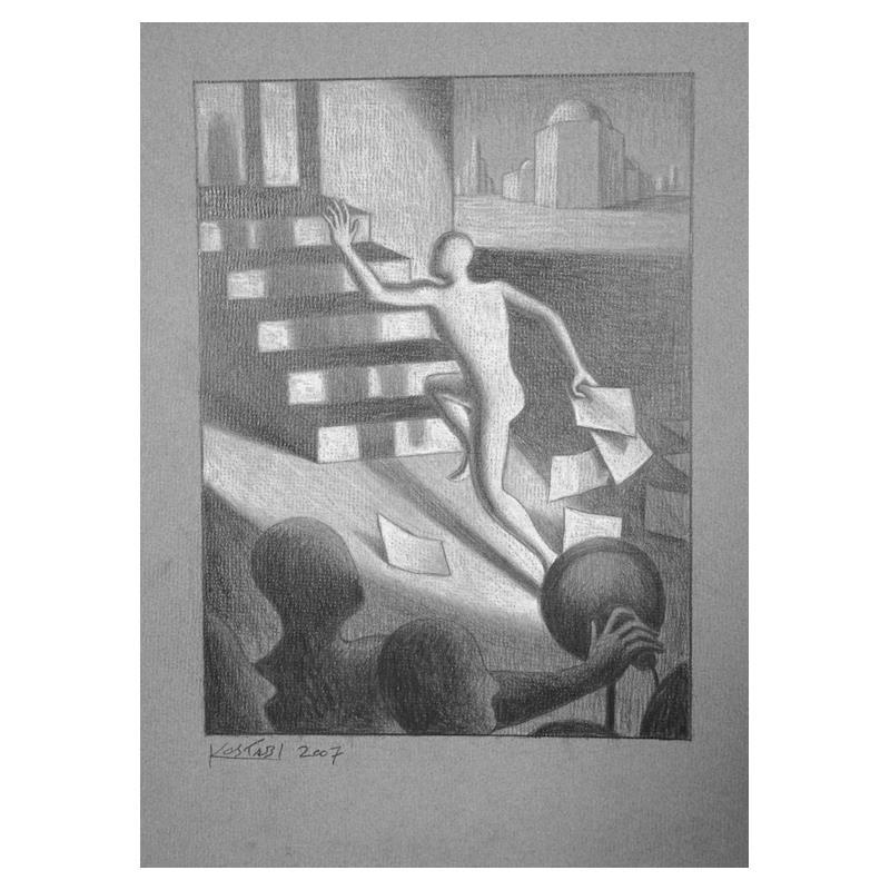 Mark Kostabi "The Paper Chase" Hand Signed Original: "The Paper Chase" is an original artwork, pencil on paper, by Mark Kostabi. The piece is hand signed and comes with a certificate of authenticity. Measures approximately13.5" x 9.5".