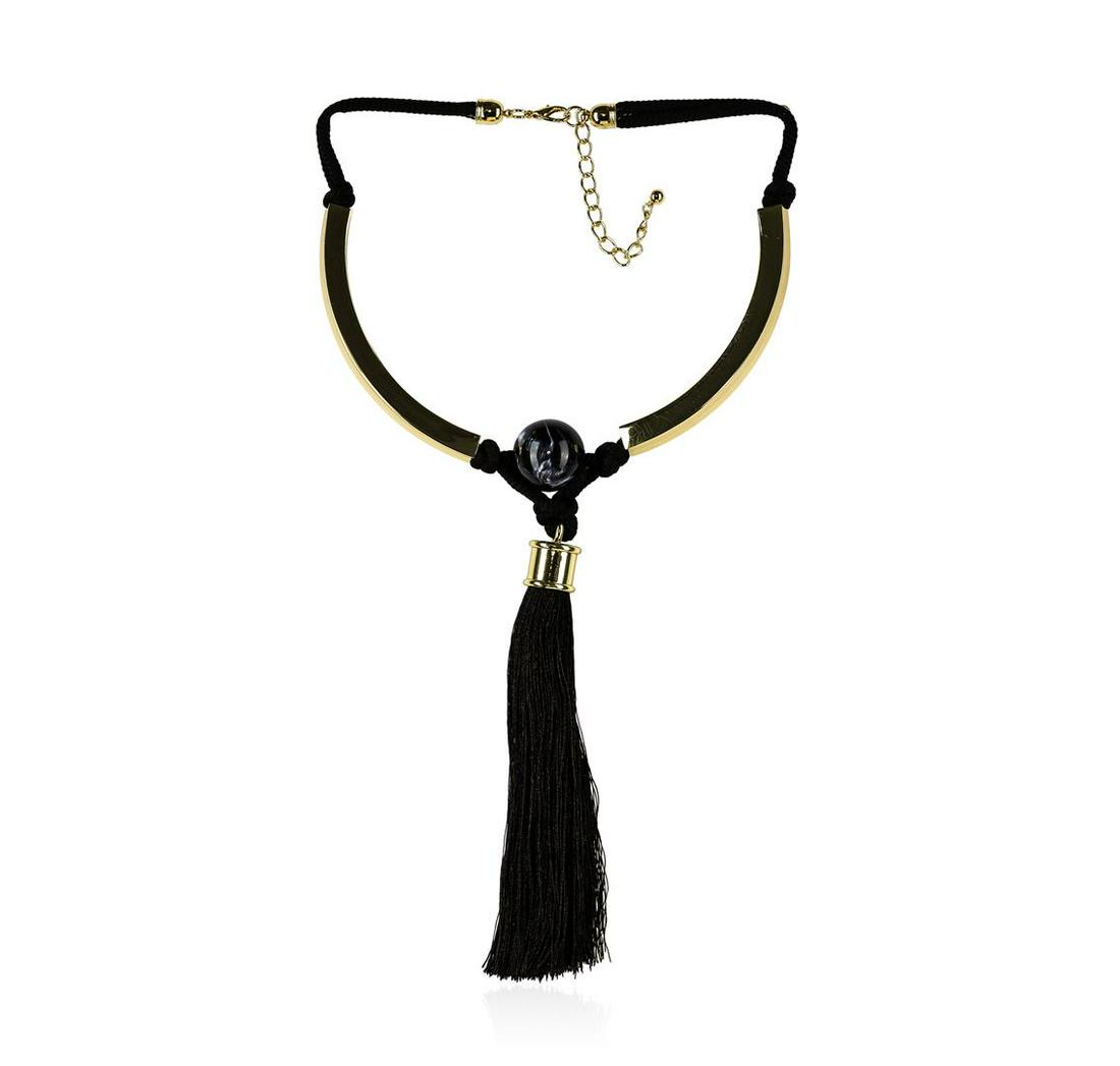 Silk Tassel Pendant Necklace - Rhodium Plated: High end designer jewelry. Silk Tassel Pendant Necklace - Rhodium Plated. Gold Plated Metal/3.5" Ext Clasp. Black/ Gold. 20/8inches. Total Weight: 116 grams.
