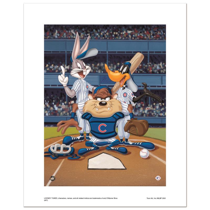 "At the Plate (Cubs)" Numbered Limited Edition Giclee: "At the Plate (Cubs)" is a limited edition giclee on paper from Warner Bros. featuring iconic Looney Tunes characters in Chicago Cubs MLB uniforms. It comes numbered, with hologram seal, and a Certifi