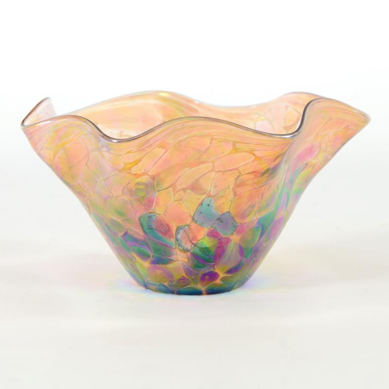 Glass Eye Studios, "Mini Wave Bowl (Island Mix)" Hand: "Mini Wave Bowl (Island Mix)" is a hand blown glass bowl (second) from Glass Eye Studios. This piece contains ash from the 1980 volcanic eruption of Mount St. Helens. As each piece is individually han