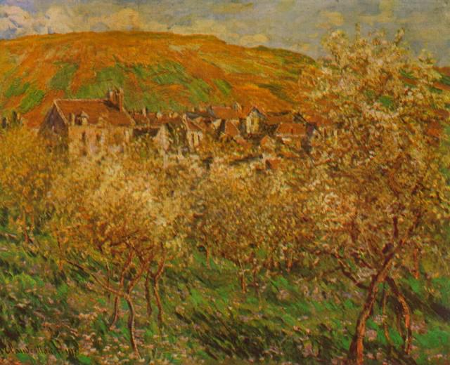 Claude Monet - Blooming Apple Trees: Artist: Claude Monet - Title: Blooming Apple Trees - Medium: Fine Art Reproduction Giclee on Canvas - Image Size: Approximately 26 inches x 32 inches - Unframed on Unstretched Canvas - Biography: Clau