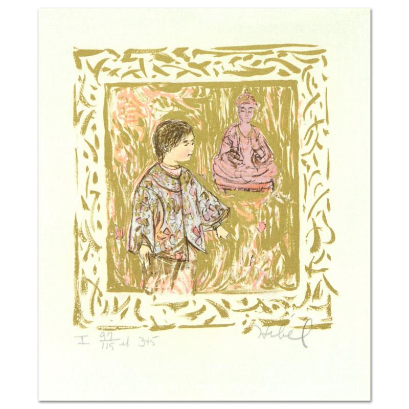 Edna Hibel (1917-2014), "Temple Visit" Limited Edition: "Temple Visit" is a limited edition lithograph on paper with remarque by Edna Hibel (1917-2014), numbered and hand signed by the artist. Includes Certificate of Authenticity. Measures approx. 7" x 8" 
