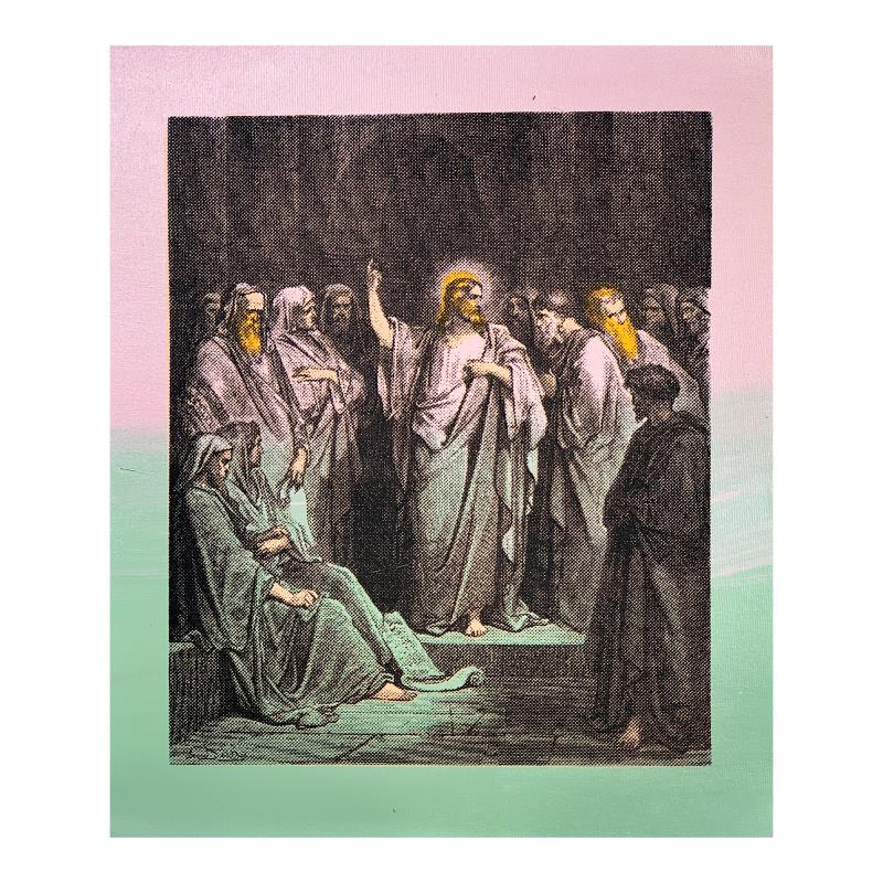 Steve Kaufman (1960-2010), "Jesus in the Temple" Hand: "Jesus in the Temple" is limited edition hand pulled silkscreen unique mixed media on canvas by Andy Warhol protege Steve Kaufman (1960-2010). This piece is numbered and hand signed inverso and includ