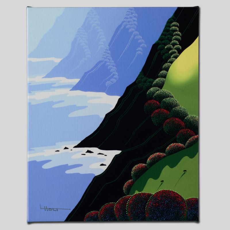 "Emerald Cliffs" Limited Edition Giclee on Canvas by: Larissa Holt, a student of distinguished artist Eyvind Earle(1916-2000), uses bold colors and breathtaking scenery to create images of Nature in her own unique style. "Emerald Cliffs" is a limited edi