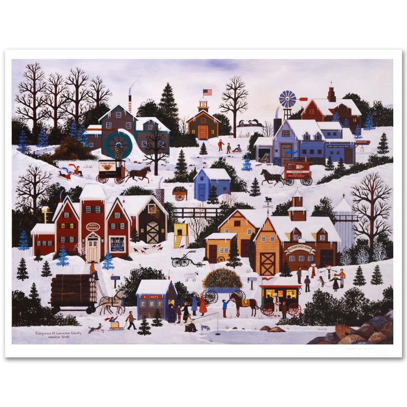 Jane Wooster Scott, "Evergreens of Lancaster County": Cozy, down-home images of a bygone era when life was simpler - this is the feeling captured in the creations of one of the world's most recognized artists. "Evergreens of Lancaster County" is a limite