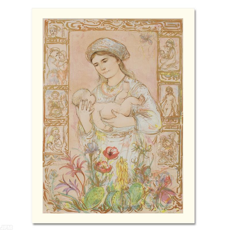 "Raquela" Limited Edition Lithograph by Edna Hibel,: Wild lines and muted colors make Edna Hibel's art stand out in any room. "Raquela" is a limited edition lithograph on paper, numbered and hand signed by Hibel. Includes Certificate of Authenticity! Me