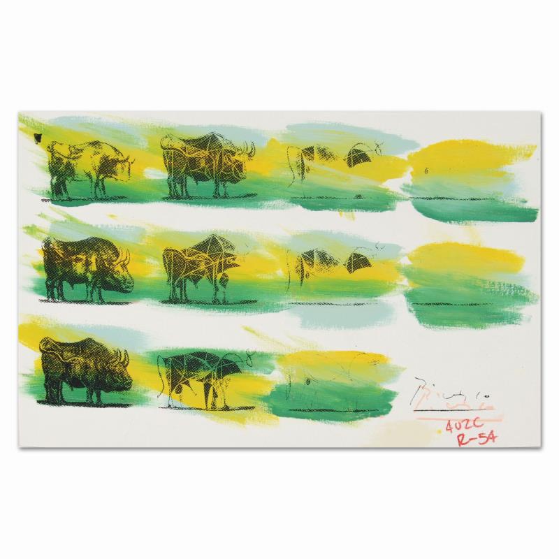 Ringo, "Eleven Bulls (Picasso)" One-of-a-Kind: "Eleven Bulls (Picasso)" is a one-of-a-kind hand-pulled silkscreen and mixed media painting on canvas by Ringo. This piece is hand signed by the artist and comes from the Andy Warhol Legacy Series. In