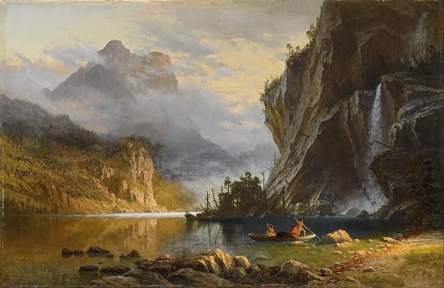 Bierstadt - Indians Spear Fishing: Artist: Albert Bierstadt - Title: Indians Spear Fishing - Medium: Fine Art Giclee on Canvas - Image Size: Approximately 20.75 inches x 32 inches - Framed: Unframed on Unstretched Canvas - Biography: B