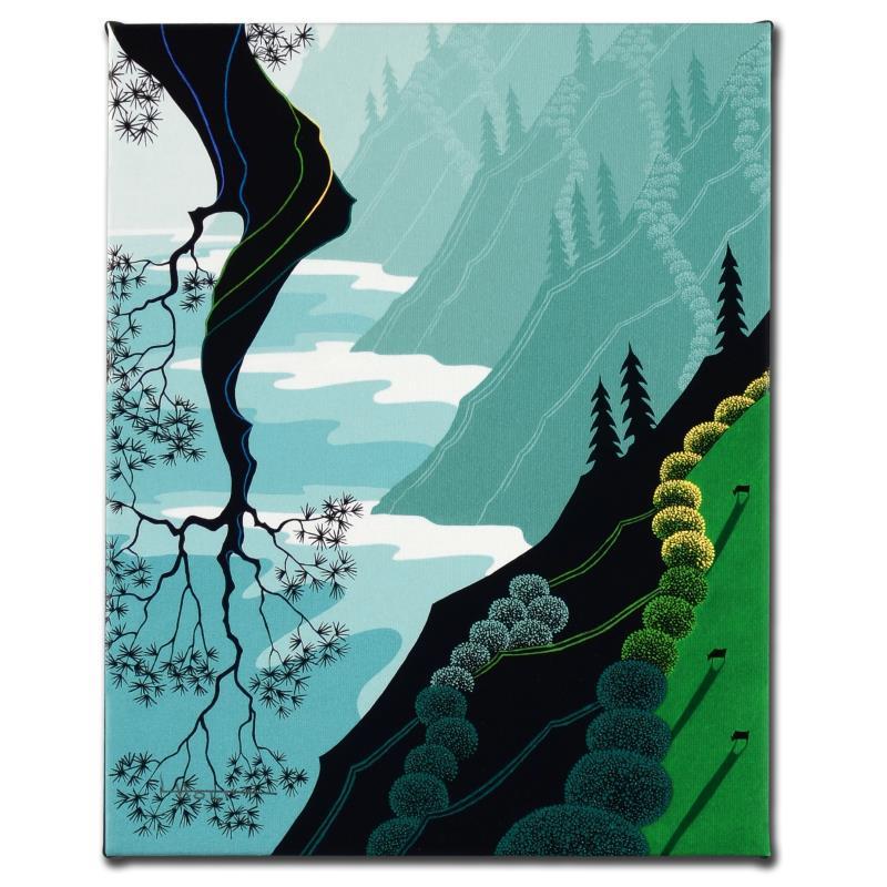 "Coastal Fir" Limited Edition Giclee on Canvas by: Larissa Holt, a student of distinguished artist Eyvind Earle(1916-2000), uses bold colors and breathtaking scenery to create images of Nature in her own unique style. "Coastal Fir" is a limited editio