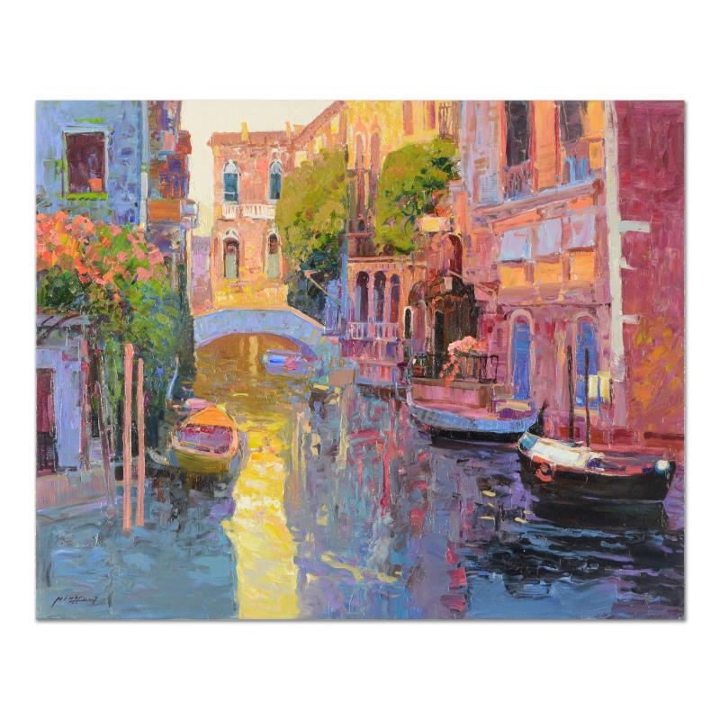 Ming Feng, "Sunlit Canal" Original Oil Painting on: "Sunlit Canal" is an original oil painting on stretched canvas by Ming Feng, hand signed by the artist. Includes Letter of Authenticity. Measures approx. 30" x 24" (image).