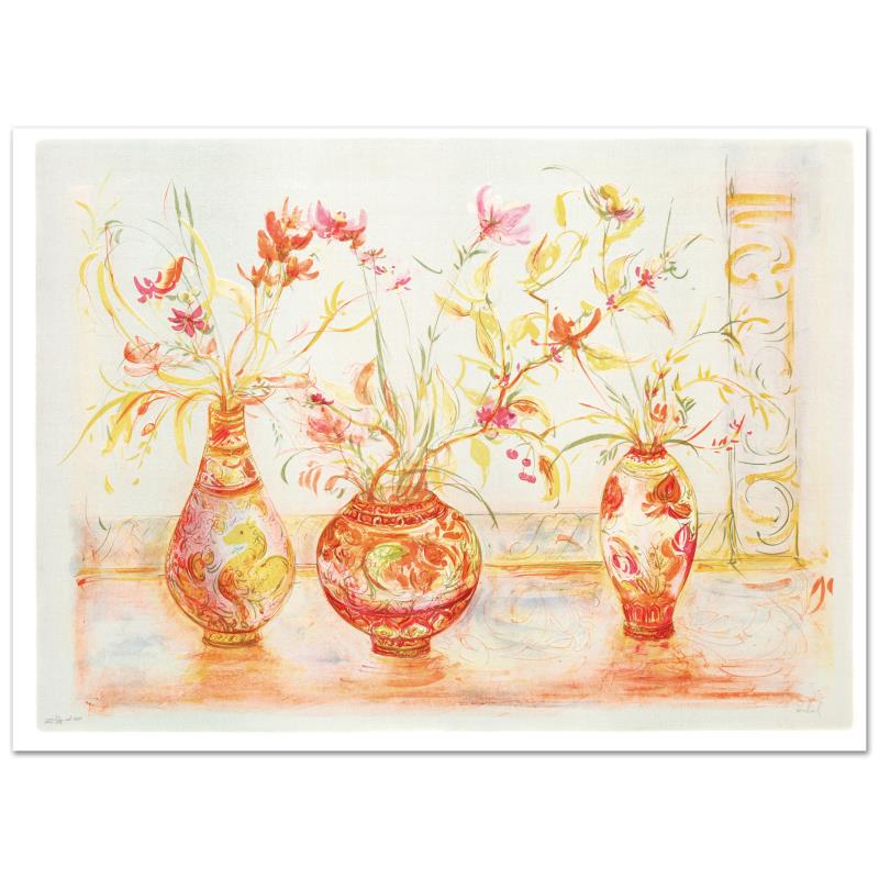 "Chinese Vase" Limited Edition Lithograph (42" x 29.5"): "Chinese Vase" is a limited edition lithograph on paper, numbered and hand signed by Edna Hibel (1917-2014). Includes Certificate of Authenticity! Measures approx. 44" x 31" (with border), 42" x 29.5"
