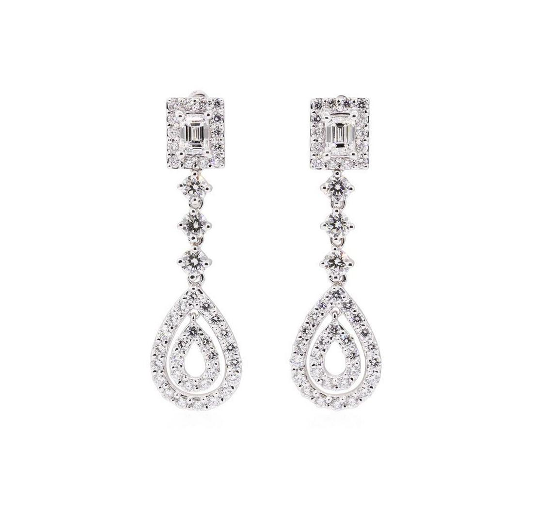 3.70 ctw Diamond Earrings - 14KT White Gold: One pair electronically tested 14KT white gold lady's combination cast & assembled fashion dangle earrings with threaded posts and screw-on/screw-off backs with a bright polish finish. The featured la