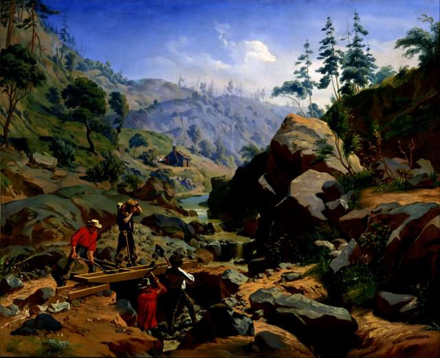 Charles Nahl - Miners in the Sierras: Artist: Charles Nahl - Title: Miners in the Sierras - Medium: Fine Art Giclee on Canvas - Image Size: Approximately 26 inches x 32 inches - Framed: Unframed on Unstretched Canvas - Biography: Karl (Ch