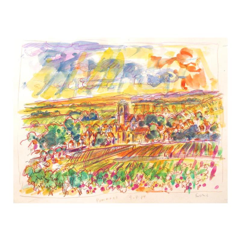 Wayne Ensrud "View of Pommard, Burgundy" Mixed Media: "View of Pommard, Burgundy" is an original Mixed Media on Paper by Wayne Ensrud. The piece is hand signed by the artist and comes with a Certificate of Authenticity. Measures approximately 13" x 16".