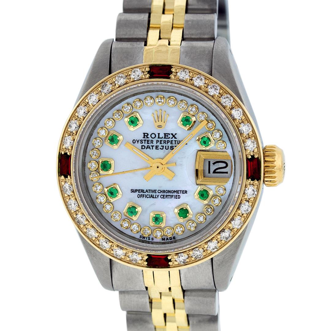 Rolex Ladies 2T MOP Emerald & Ruby Diamond Oyster: One Ladies Two Tone Rolex Datejust Polished, Serviced & Electronically Tested, Yellow Gold & Stainless Steel Case: 26mm, Yellow Gold Crown, Custom Bezel: New 18K New Yellow Gold Ruby Beadset Diamond B