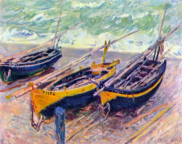 Claude Monet - Three Fishing Boats in Eretrat: Artist: Claude Monet - Title: Three Fishing Boats in Eretrat - Medium: Fine Art Reproduction Giclee on Canvas - Image Size: Approximately 16 inches x 20 inches - Unframed on Unstretched Canvas - Biogr