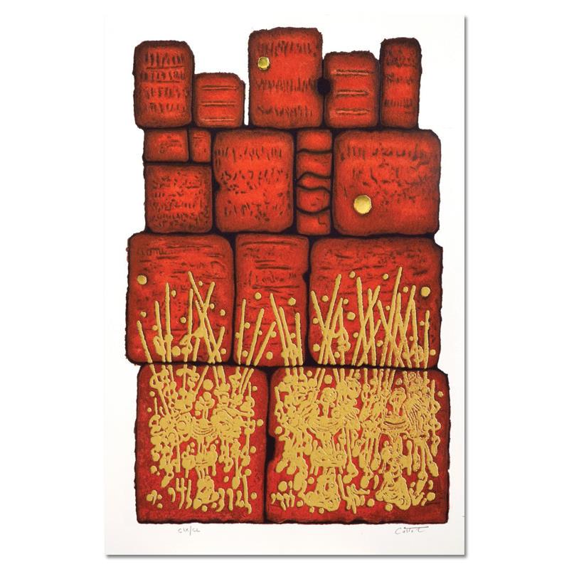 Moshe Castel, "Prayer at the Wall" Limited Edition Gold: "Prayer at the Wall", is a limited edition Serigraph on Paper by Moshe Castel. Numbered and hand signed, this piece is accompanied by a letter of authenticity. Measures approximately 21" x 14" (image)