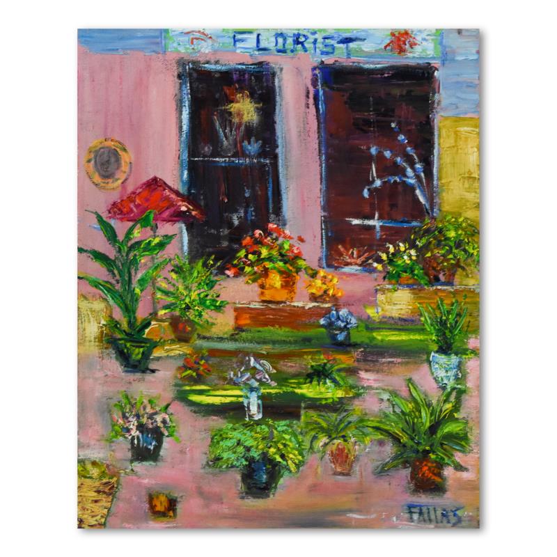 Elliot Fallas, "French Flower Shop" Original Oil: "French Flower Shop" is an original oil painting on stretched canvas by Elliot Fallas, hand signed by the artist. Includes Letter of Authenticity. Measures approx. 16" x 20" (image).