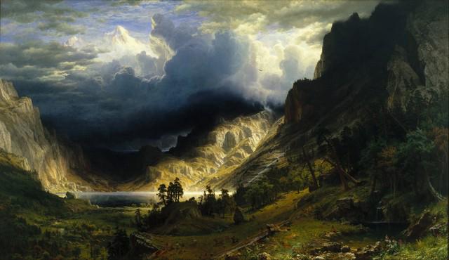 Bierstadt - Storm in the Rocky Mountains: Artist: Albert Bierstadt - Title: Storm in the Rocky Mountains - Medium: Fine Art Giclee on Canvas - Image Size: Approximately 18.5 inches x 32 inches - Framed: Unframed on Unstretched Canvas - Biogra
