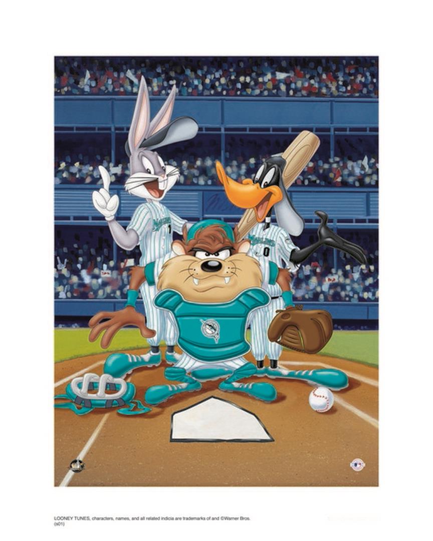 Warner Brothers Hologram At the Plate Marlins: Artist: Warner Brothers - Title: At the Plate Marlins - Medium: Giclee on Fine Art Paper - Limited Edition: 500 - Image Size: Approximately 16 Inches x 12 inches - Paper Size: Approximately 20 inches